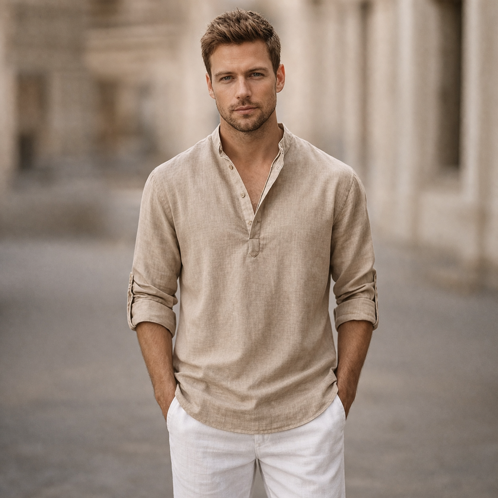Linen Stand Collar Roll Sleeve Casual Shirt for Men | Open Placket Curved Hem