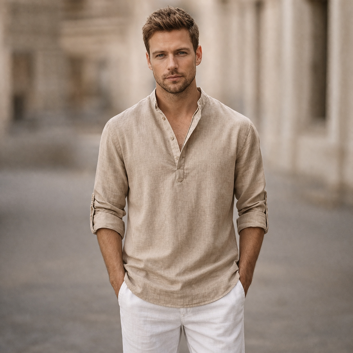 Linen Stand Collar Roll Sleeve Casual Shirt for Men | Open Placket Curved Hem