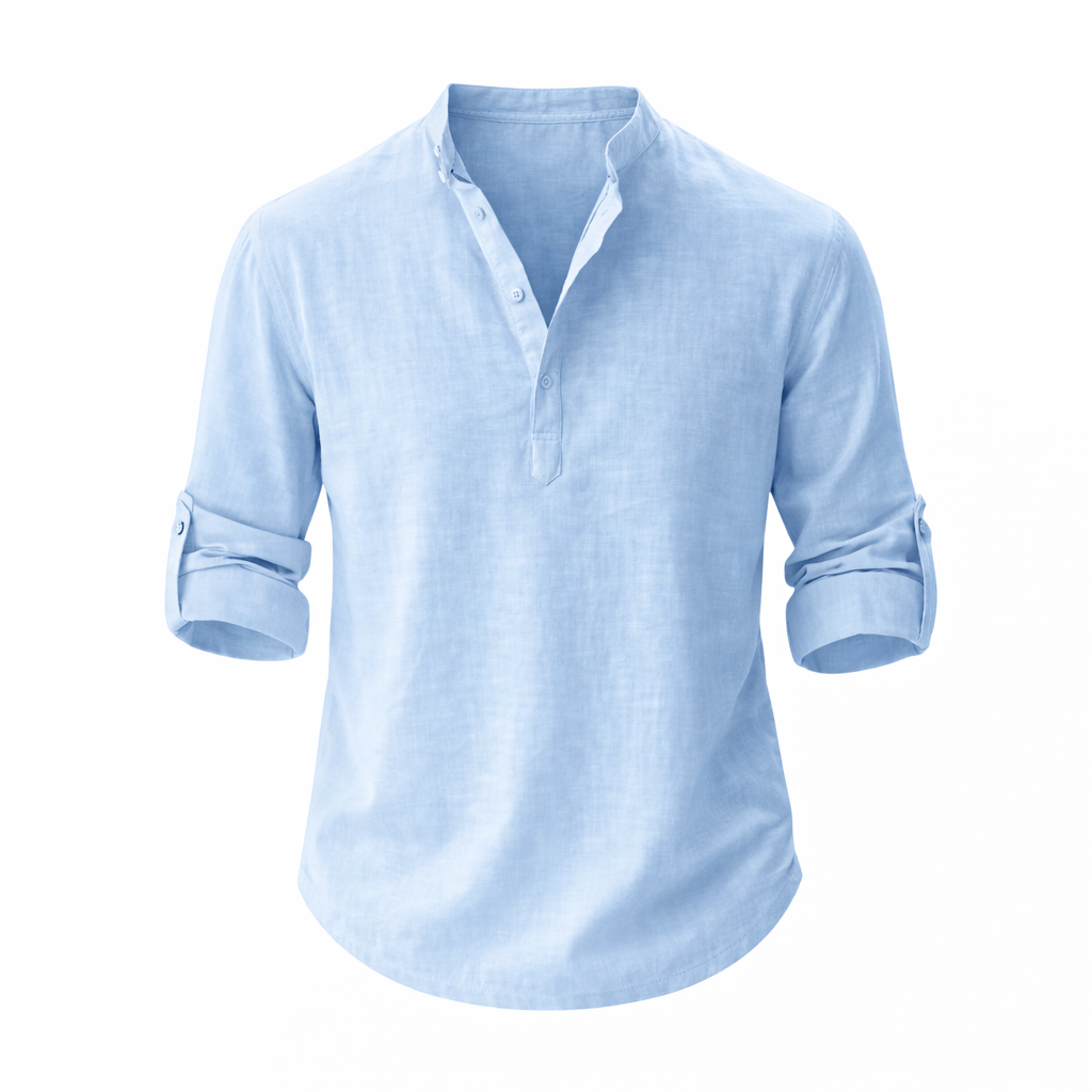 Linen Stand Collar Roll Sleeve Casual Shirt for Men | Open Placket Curved Hem