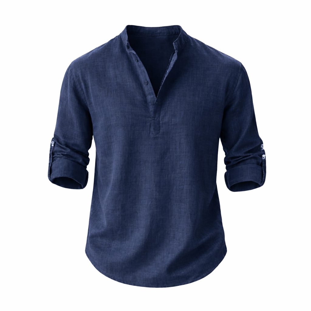 Linen Stand Collar Roll Sleeve Casual Shirt for Men | Open Placket Curved Hem
