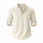 Linen Stand Collar Roll Sleeve Casual Shirt for Men | Open Placket Curved Hem