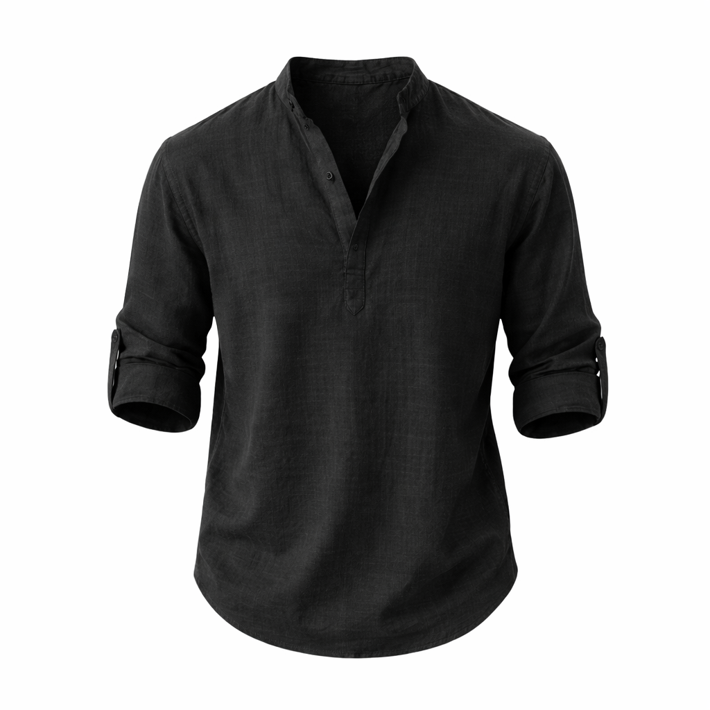 Linen Stand Collar Roll Sleeve Casual Shirt for Men | Open Placket Curved Hem