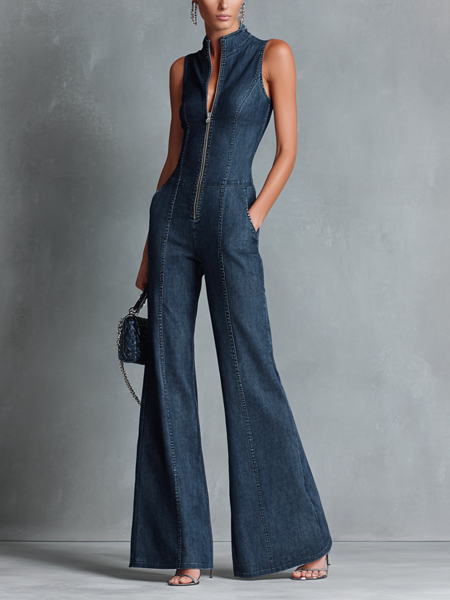 Blue High Neck Flared Leg Sleeveless Jumpsuit for Women