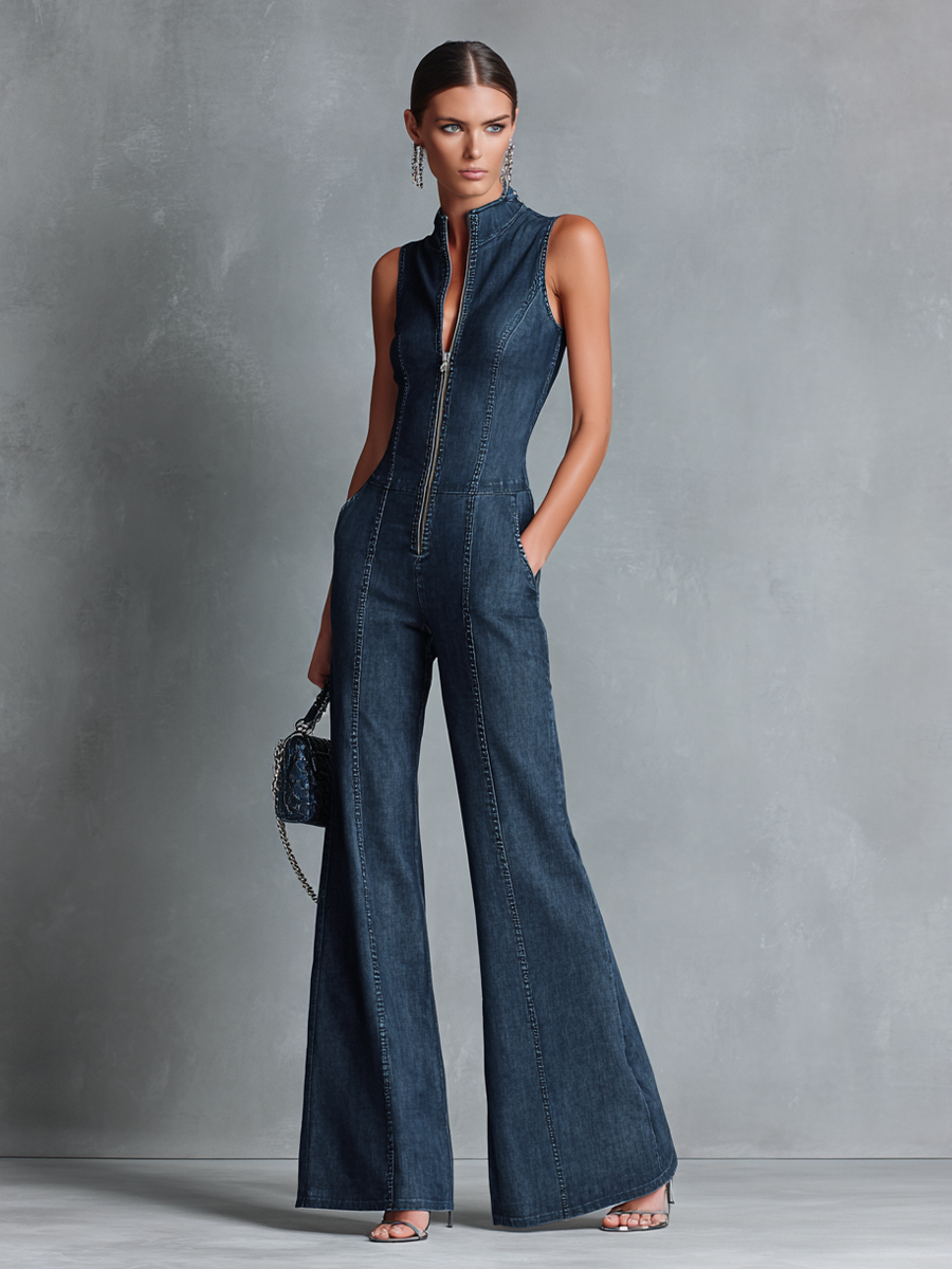 Blue High Neck Flared Leg Sleeveless Jumpsuit for Women
