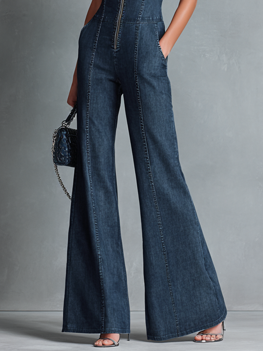 Blue High Neck Flared Leg Sleeveless Jumpsuit for Women