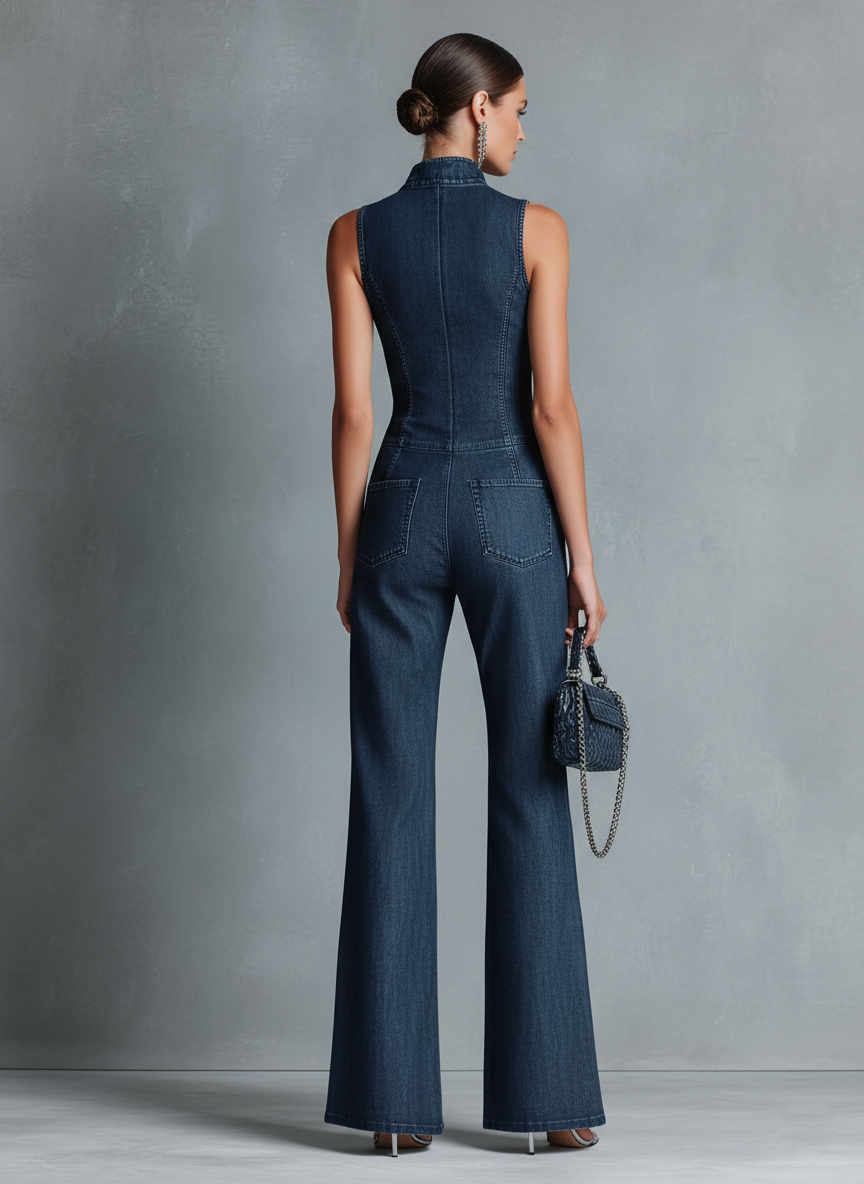 Blue High Neck Flared Leg Sleeveless Jumpsuit for Women