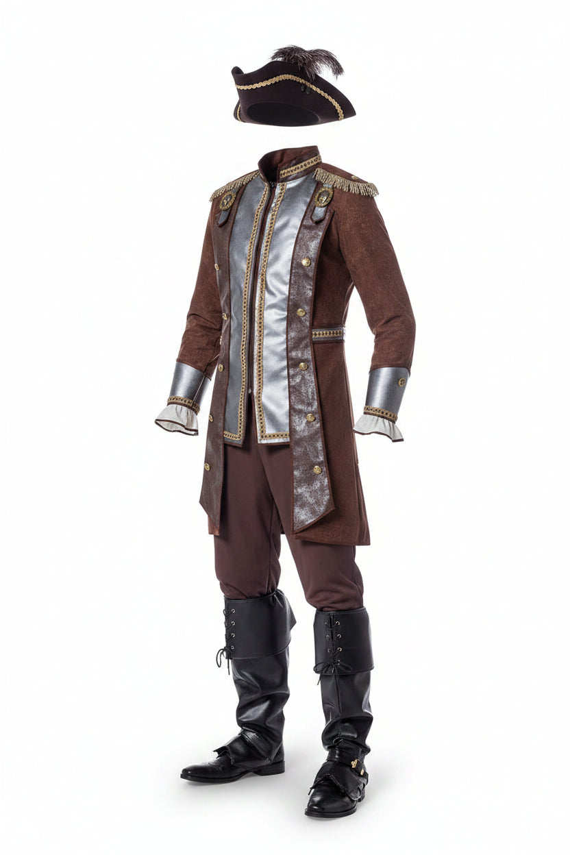 Brown Silver Pirate Jacket and Trousers Costume for Men | Halloween Fancy Dress