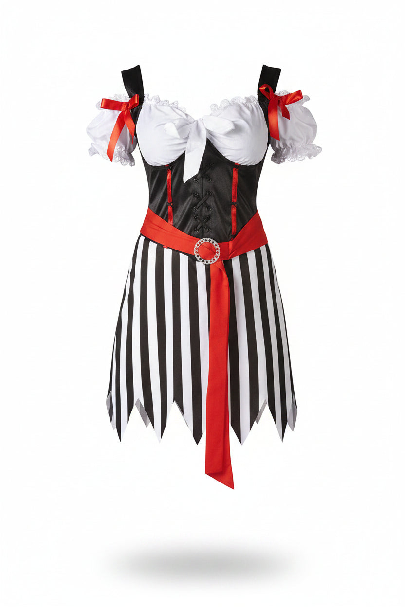Striped Black White Corset Pirate Costume for Women | Halloween Fancy Dress