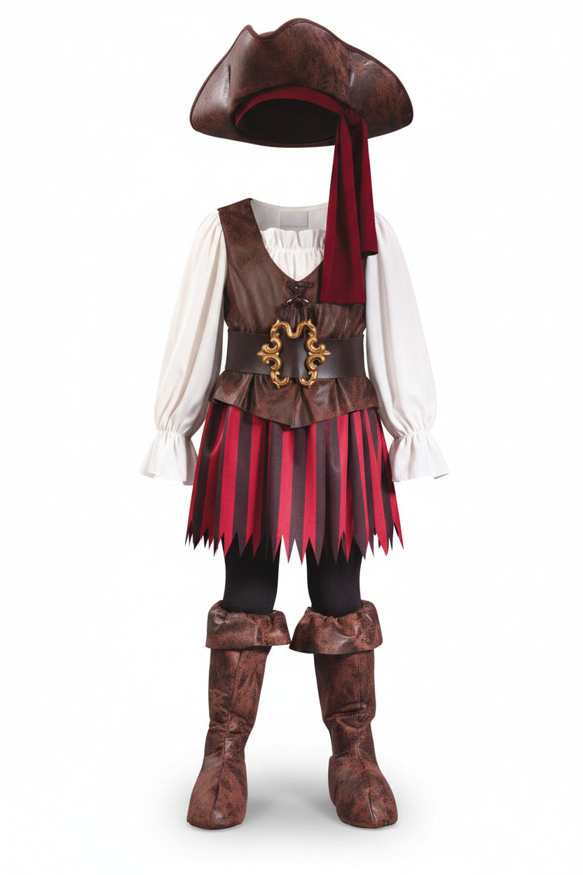 Striped Pirate Costume with Tricorn Hat for Girls | Halloween Fancy Dress