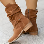 Faux Suede Round Toe Low Heel Casual Boots for Women | Plush Soft Footbed