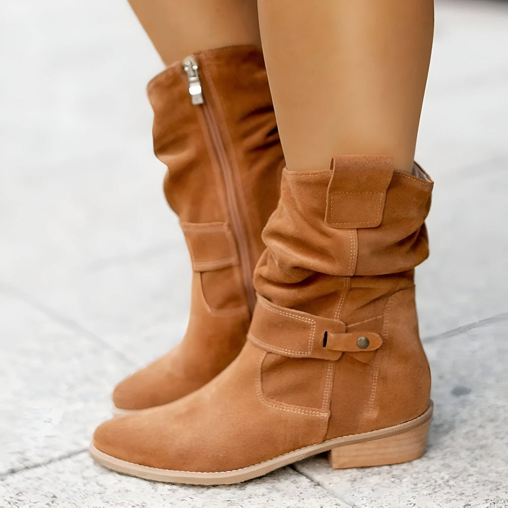 Faux Suede Round Toe Low Heel Casual Boots for Women | Plush Soft Footbed