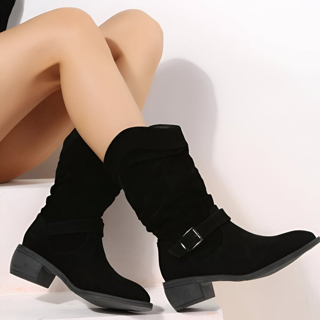 Faux Suede Round Toe Low Heel Casual Boots for Women | Plush Soft Footbed
