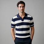 Navy Striped Jacquard Knit Polo Shirt for Men