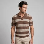 Navy Striped Jacquard Knit Polo Shirt for Men