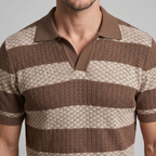 Navy Striped Jacquard Knit Polo Shirt for Men