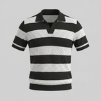 Navy Striped Jacquard Knit Polo Shirt for Men