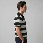 Navy Striped Jacquard Knit Polo Shirt for Men