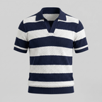 Navy Striped Jacquard Knit Polo Shirt for Men