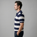 Navy Striped Jacquard Knit Polo Shirt for Men