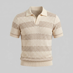 Navy Striped Jacquard Knit Polo Shirt for Men