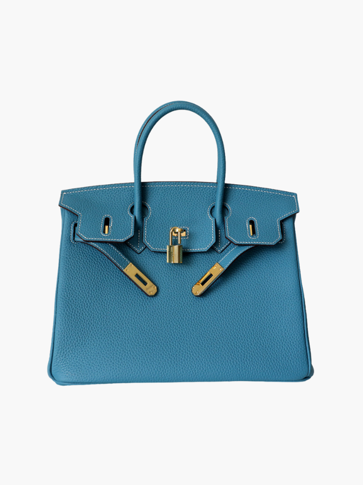 Genuine Leather Twist Lock Handbag with Gold Hardware and Pockets for Women