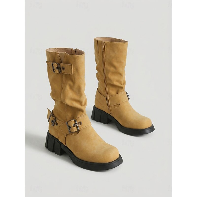 Chunky Sole Mid Calf Biker Boots with Buckle Detail and Block Heel for Women