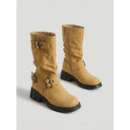 Chunky Sole Mid Calf Biker Boots with Buckle Detail and Block Heel for Women