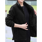 Plush Lined Stand Collar Loose Fit Jacket for Women | Full Zip with Pockets