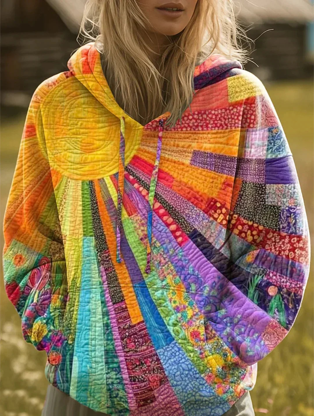 Multicolour Patchwork Sun Pattern Relaxed Fit Long Sleeve Hoodie for Women