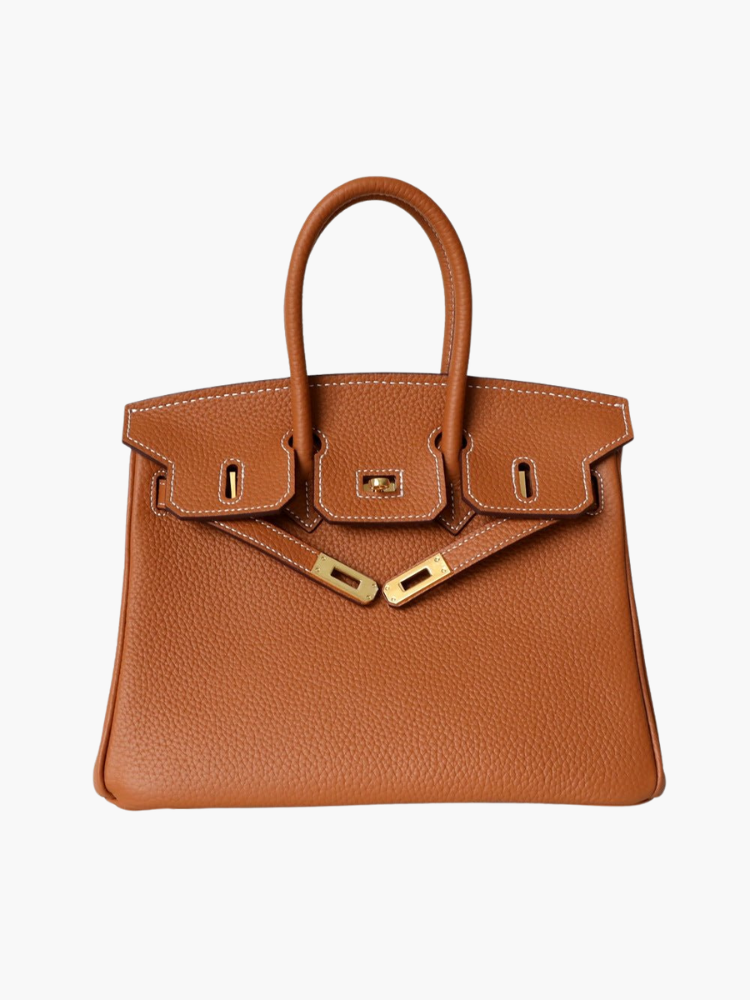 Genuine Leather Twist Lock Handbag with Gold Hardware and Pockets for Women