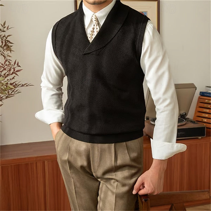 Knitted Shawl Collar V Neck Sleeveless Jumper Waistcoat for Men | Smart Casual