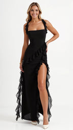 Women Dress | Ruffled Neckline and Hem with Front Slit Maxi