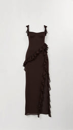 Women Dress | Ruffled Neckline and Hem with Front Slit Maxi