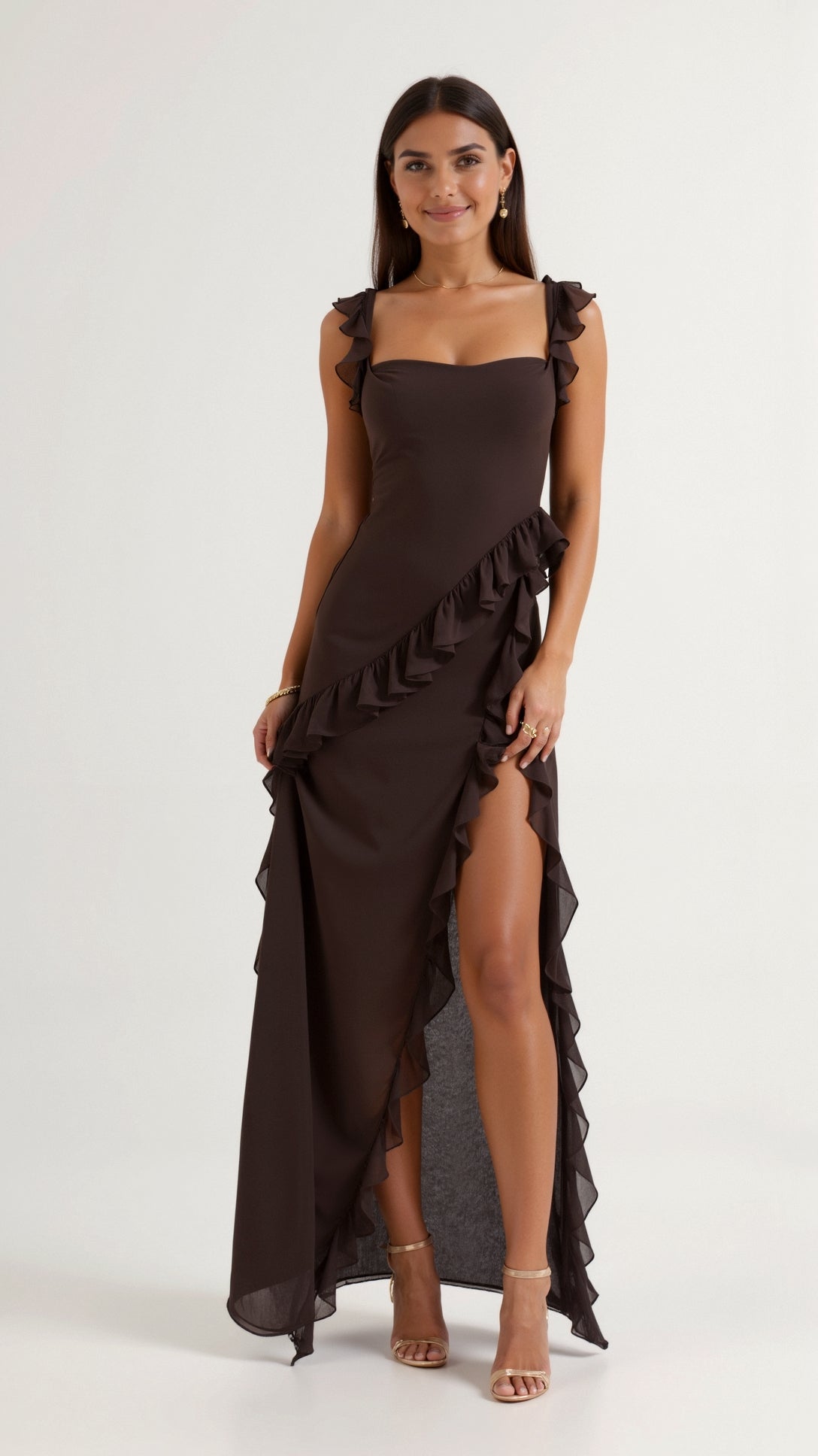 Women Dress | Ruffled Neckline and Hem with Front Slit Maxi
