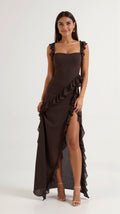 Women Dress | Ruffled Neckline and Hem with Front Slit Maxi