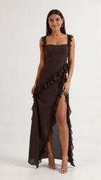 Women Dress | Ruffled Neckline and Hem with Front Slit Maxi