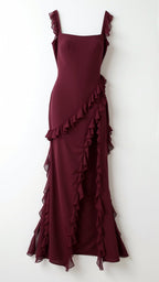 Women Dress | Ruffled Neckline and Hem with Front Slit Maxi
