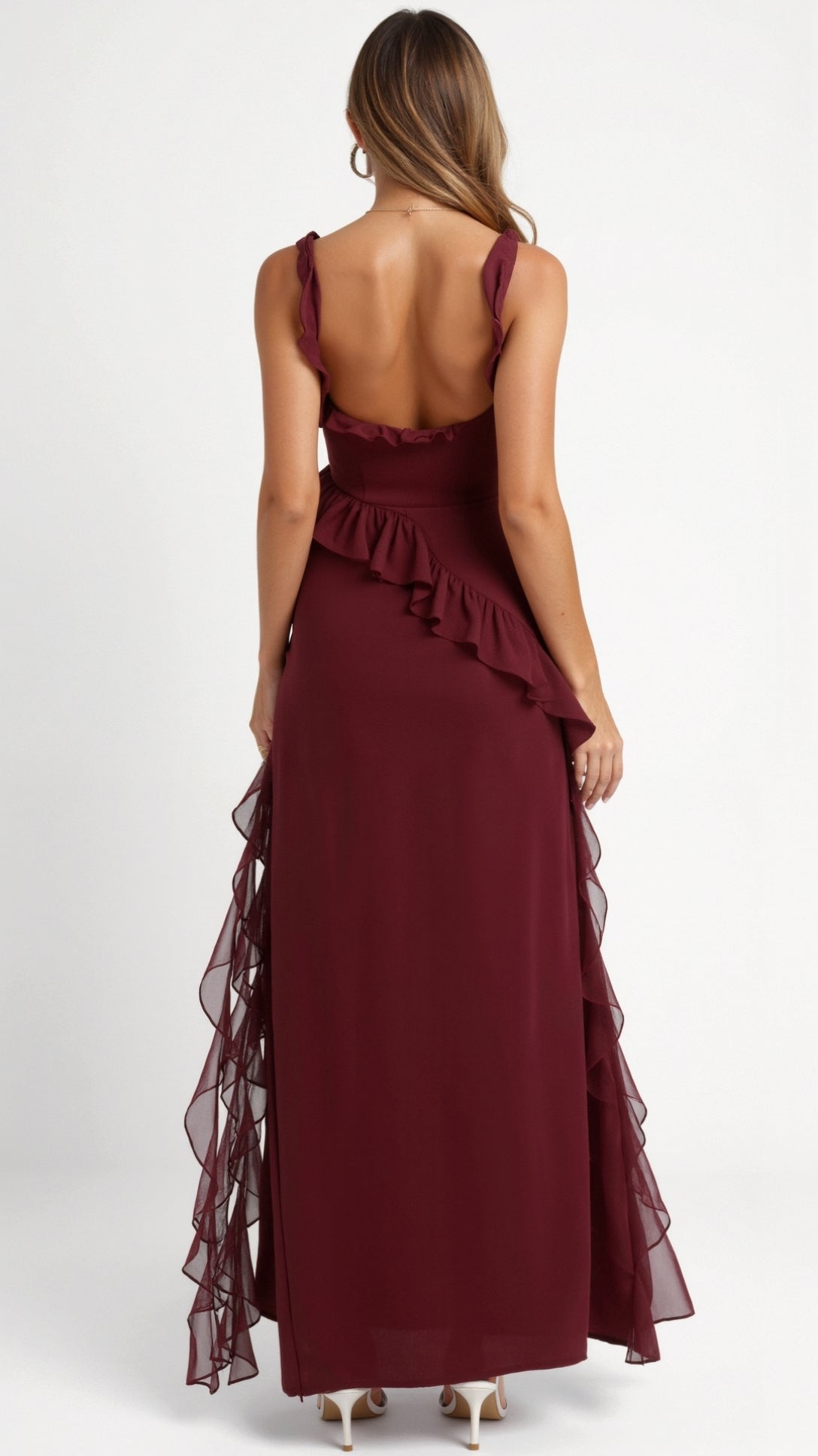 Women Dress | Ruffled Neckline and Hem with Front Slit Maxi