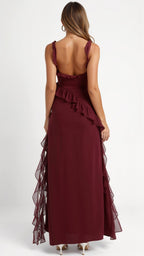 Women Dress | Ruffled Neckline and Hem with Front Slit Maxi