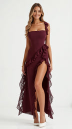 Women Dress | Ruffled Neckline and Hem with Front Slit Maxi