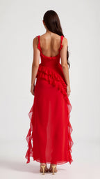 Women Dress | Ruffled Neckline and Hem with Front Slit Maxi