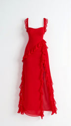 Women Dress | Ruffled Neckline and Hem with Front Slit Maxi