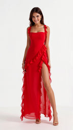 Women Dress | Ruffled Neckline and Hem with Front Slit Maxi
