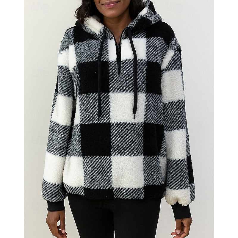 Checkered Quarter Zip Hoodie for Women | Relaxed Fit with Front Pocket