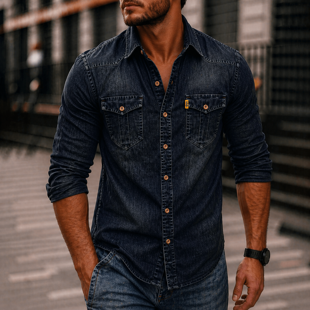 Casual Denim Button Front Long Sleeve Shirt with Flap Chest Pockets for Men