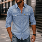Casual Denim Button Front Long Sleeve Shirt with Flap Chest Pockets for Men