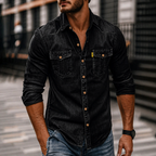 Casual Denim Button Front Long Sleeve Shirt with Flap Chest Pockets for Men