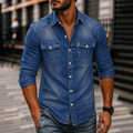 Casual Denim Button Front Long Sleeve Shirt with Flap Chest Pockets for Men
