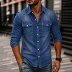 Casual Denim Button Front Long Sleeve Shirt with Flap Chest Pockets for Men
