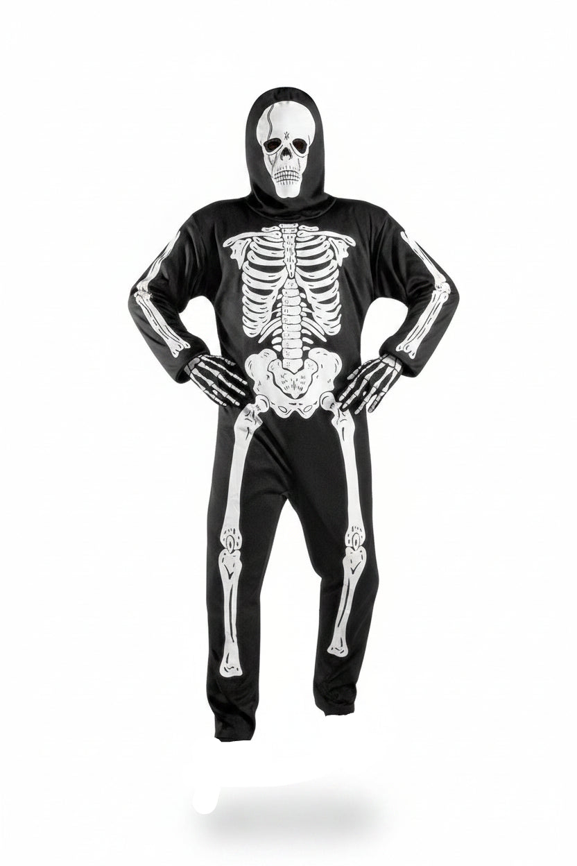 Black Polyester Full Body Skeleton Costume with Skull Mask for Boys Halloween